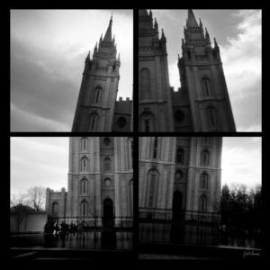 A fine art black & white quadriptych photograph of the Salt Lake City LDS (Mormon) Temple, of the Church of Jesus Christ of Latter-day Saints. Photograph by Paul Duane.