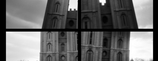 A fine art black & white quadriptych photograph of the Salt Lake City LDS (Mormon) Temple, of the Church of Jesus Christ of Latter-day Saints. Photograph by Paul Duane.