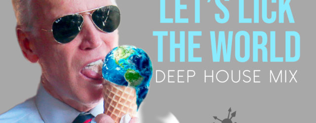 a funny image of Joe Biden licking an ice cream cone that looks like the earth. Progressive House remix by Paul Duane / Khainz